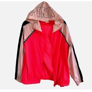 VICTORIA'S SECRET PINK S/XS Slicker Hoodie Colorblock Full Zip Logo Windbreaker